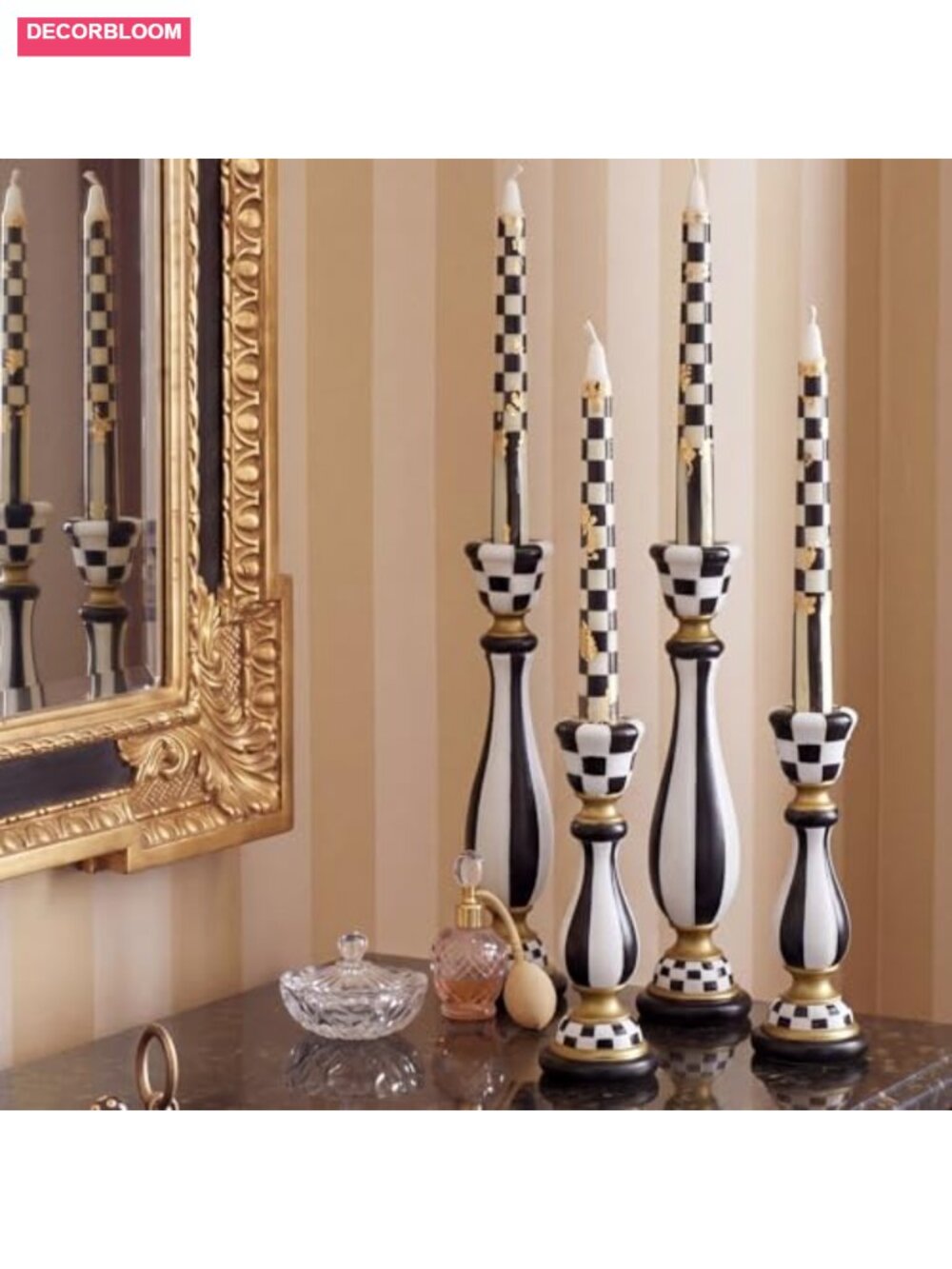 Resin Checkerboard Taper Candle Holder Set 2 Pc Classic Candlestick
